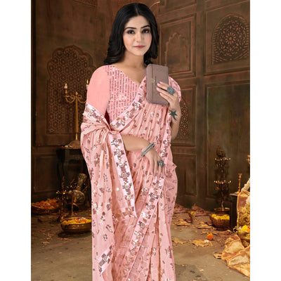 Light Peach Sequins Emroidered Georgette Saree
