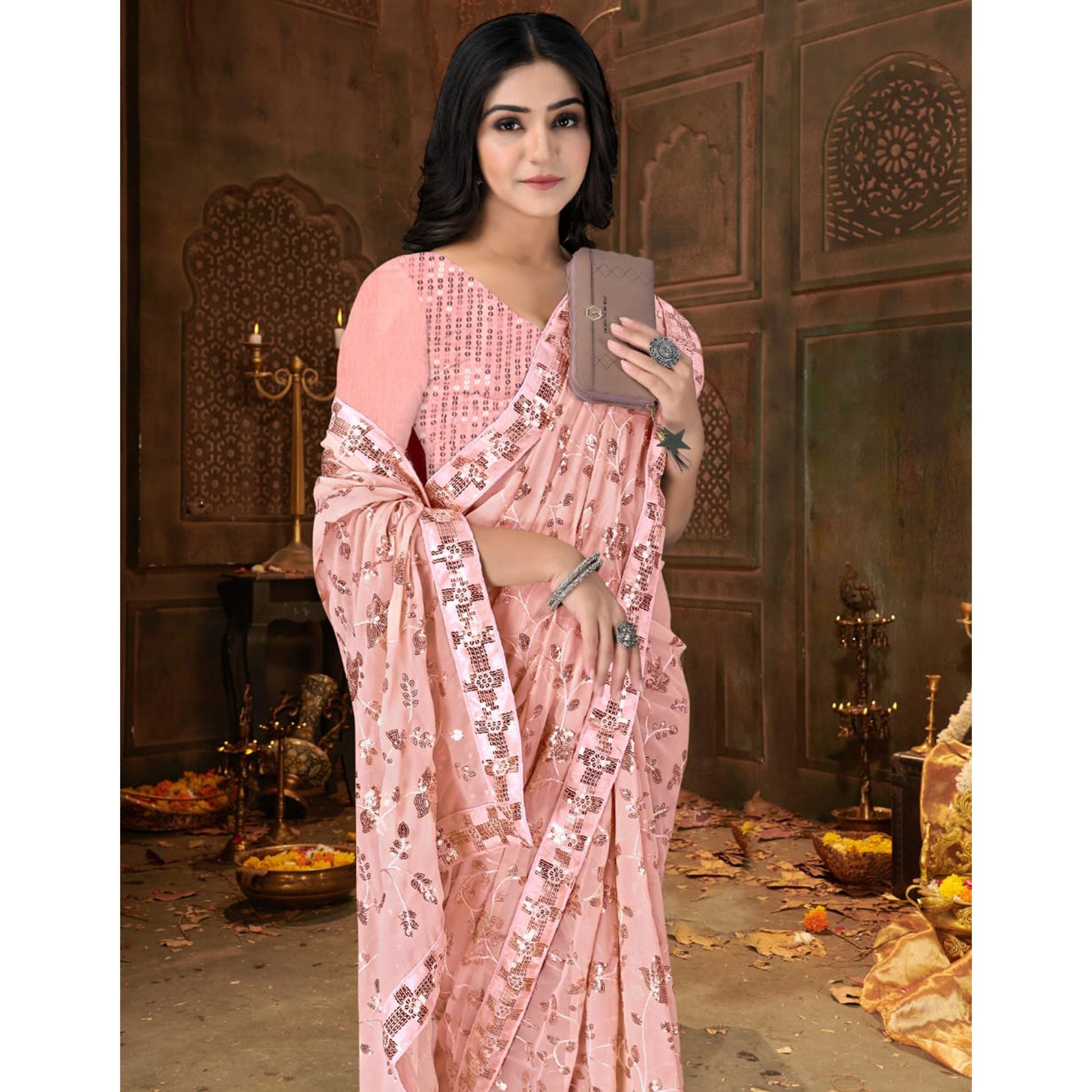 Light Peach Sequins Emroidered Georgette Saree