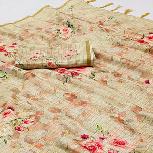 Cream Checks Digital Printed Jute Saree