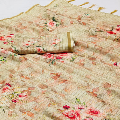 Cream Checks Digital Printed Jute Saree