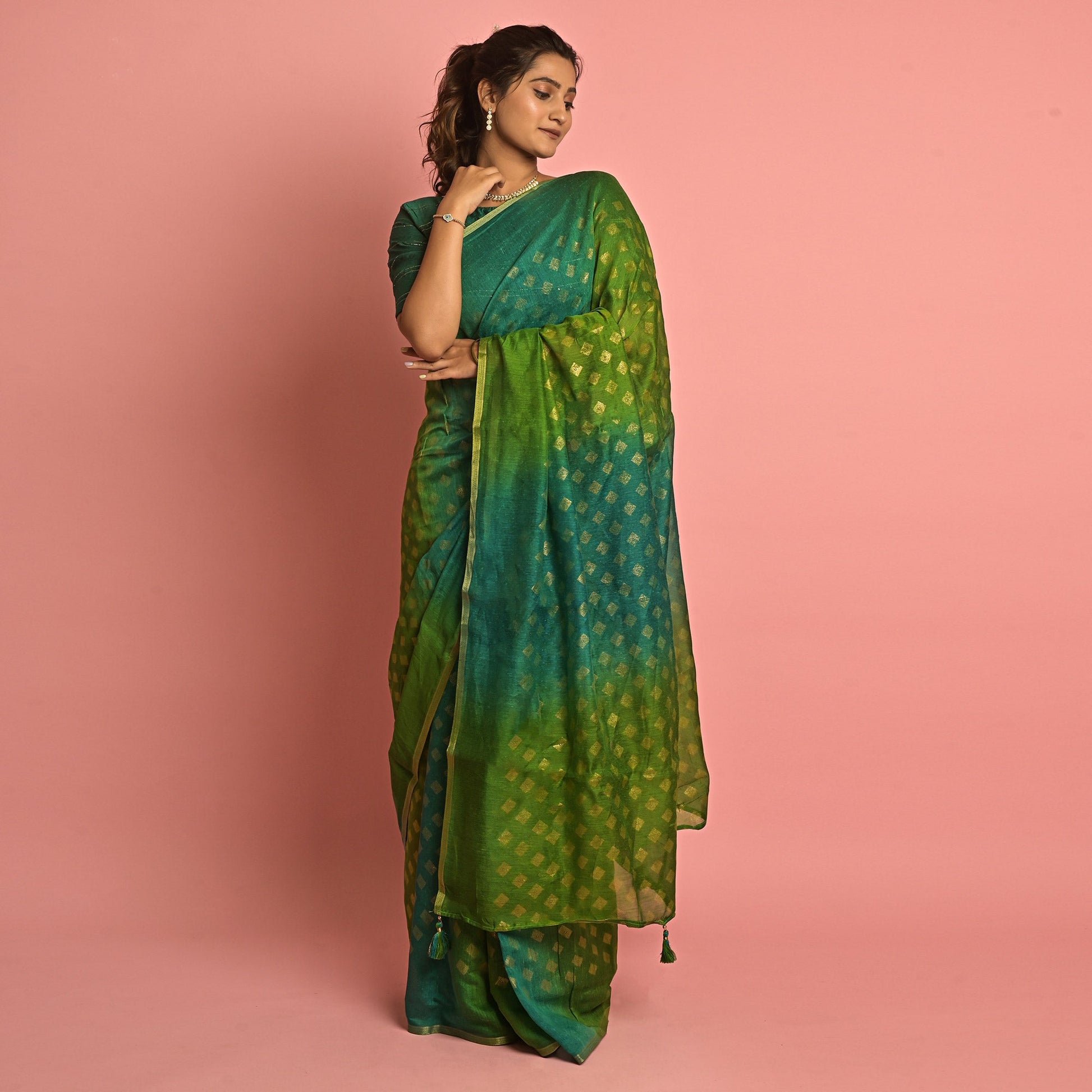 green-teal-foil-printed-poly-cotton-saree