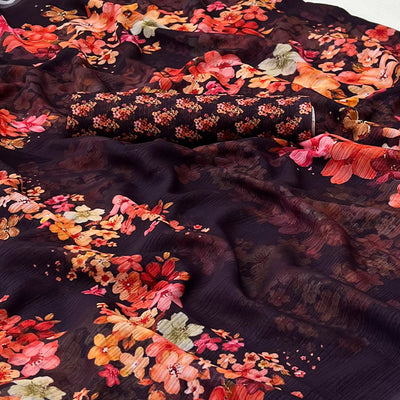 Dark Wine Floral Digital Printed Georgette Saree