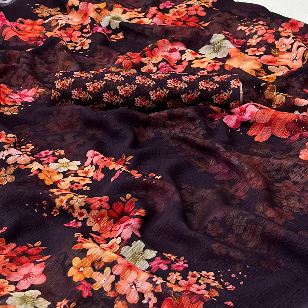 Dark Wine Floral Digital Printed Georgette Saree