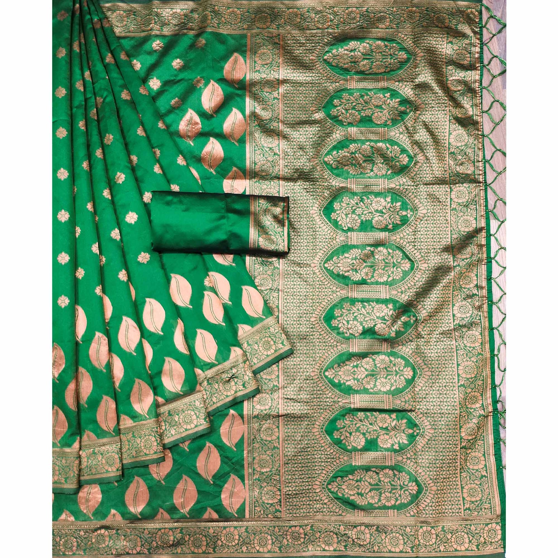 green-woven-art-silk-saree-with-tassels