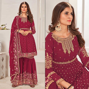 Maroon Sequins Embroidered Georgette Sharara Suit