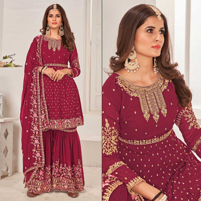 Maroon Sequins Embroidered Georgette Sharara Suit
