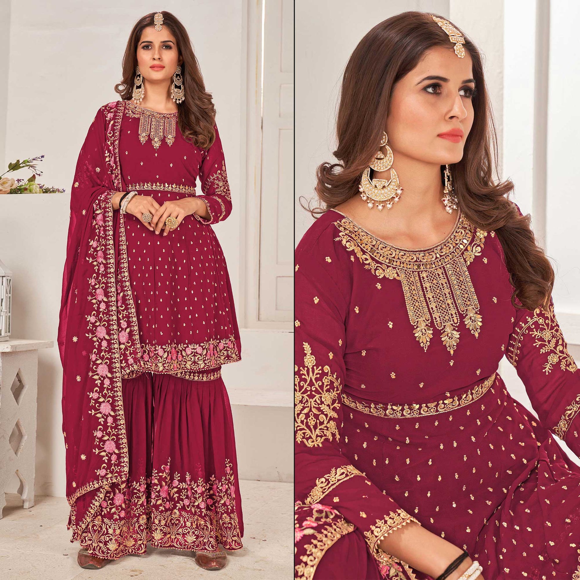 Maroon Sequins Embroidered Georgette Sharara Suit