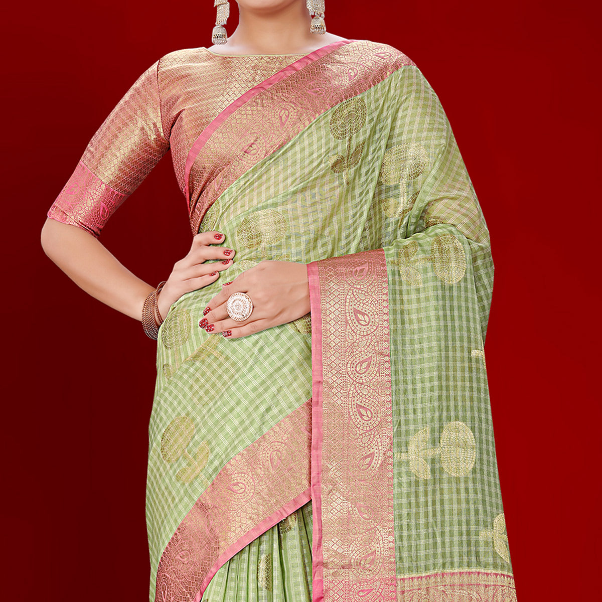 green-floral-woven-organza-saree-with-tassels-1