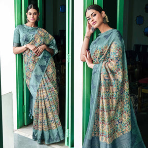 Multicolor Digital Printed Raw Silk Saree With Tassels