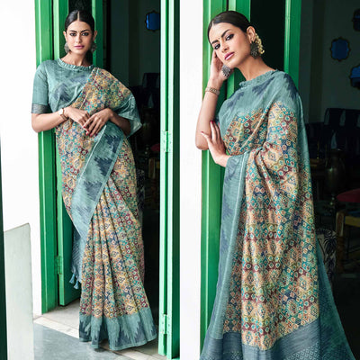 Multicolor Digital Printed Raw Silk Saree With Tassels