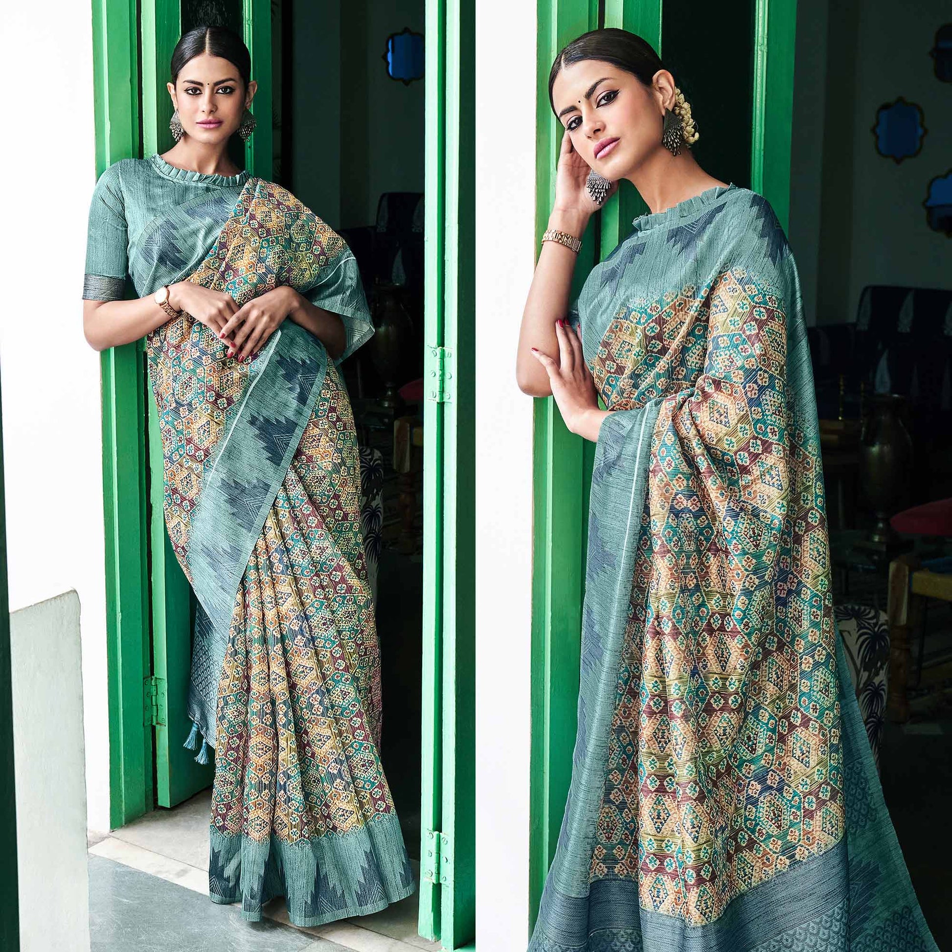 Multicolor Digital Printed Raw Silk Saree With Tassels