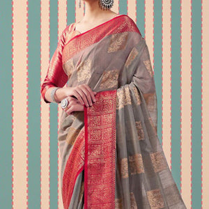Grey Woven Linen Saree With Tassels