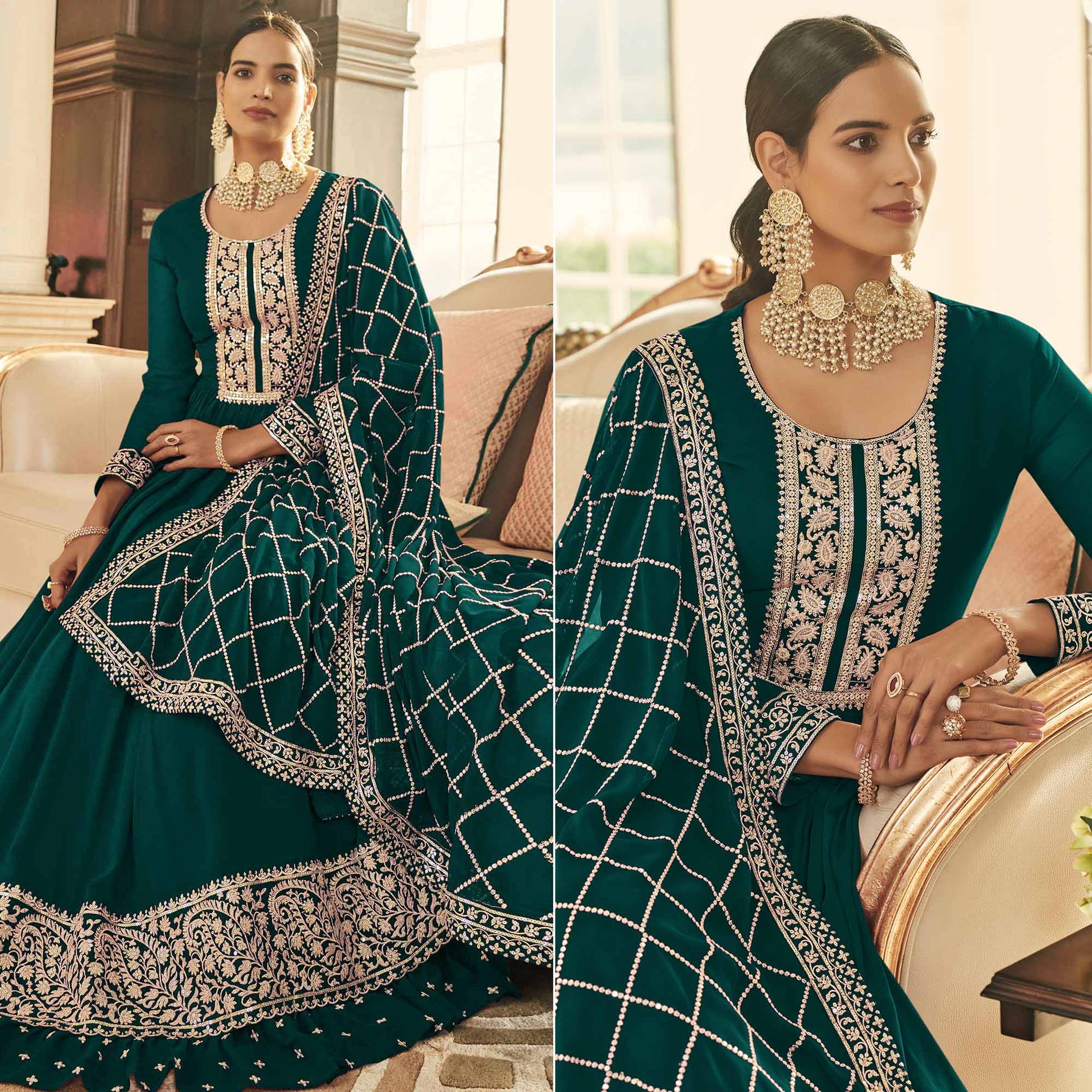 Bottle Green Embroidered Georgette Gown