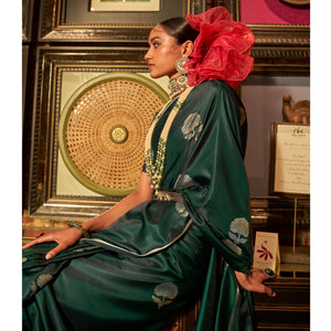 Bottle Green Floral Woven Satin Saree With Tassels