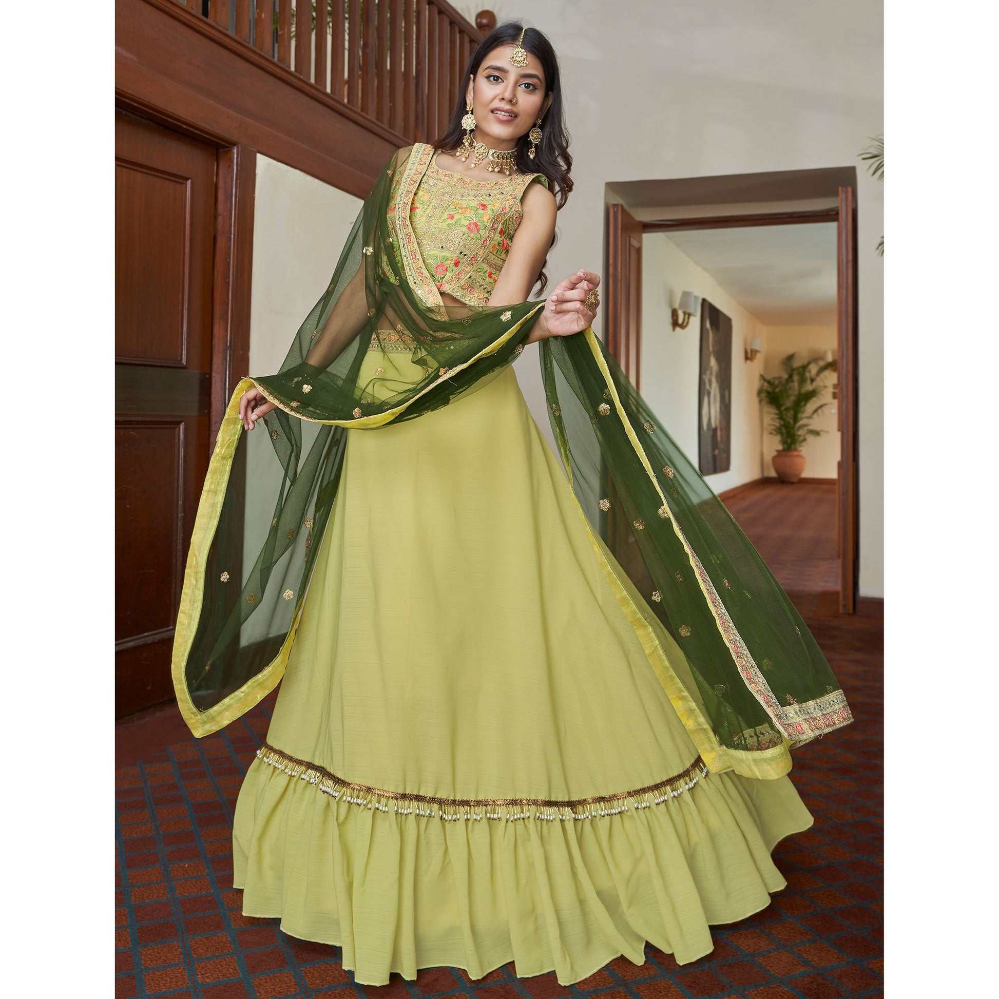 Lemon Yellow Embroidered Art Silk Lehenga Choli