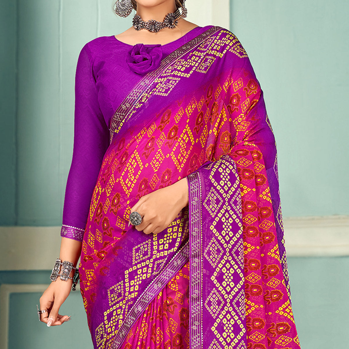 Dark Pink Digital Bandhani Printed Chiffon Saree With Tassels
