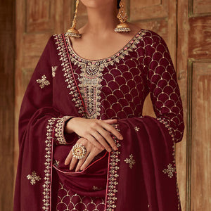 Maroon Floral Embroidered Art Silk Palazzo Suit