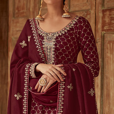 Maroon Floral Embroidered Art Silk Palazzo Suit
