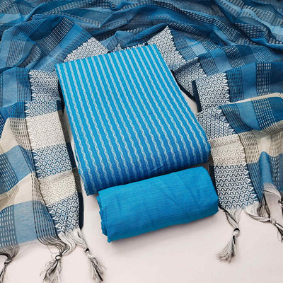 Firozi Blue Woven Cotton Blend Dress Material
