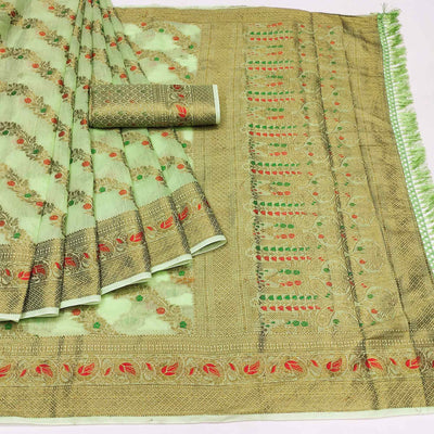 green-woven-poly-cotton-saree-with-tassels-3