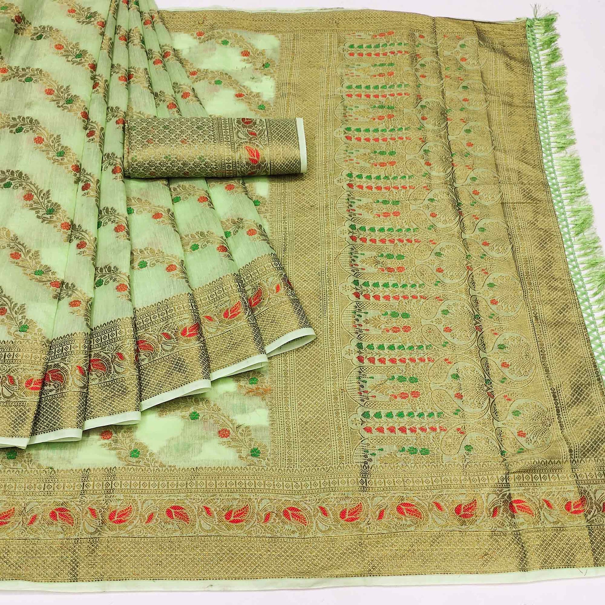 green-woven-poly-cotton-saree-with-tassels-3