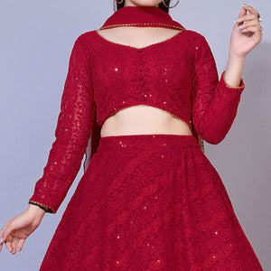 Dark Red Lucknowi Chikankari Work Georgette Lehenga Choli