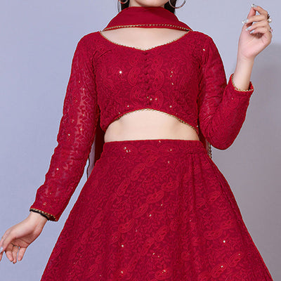 Dark Red Lucknowi Chikankari Work Georgette Lehenga Choli