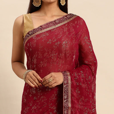 Maroon Floral Foil Printed Shimmer Saree