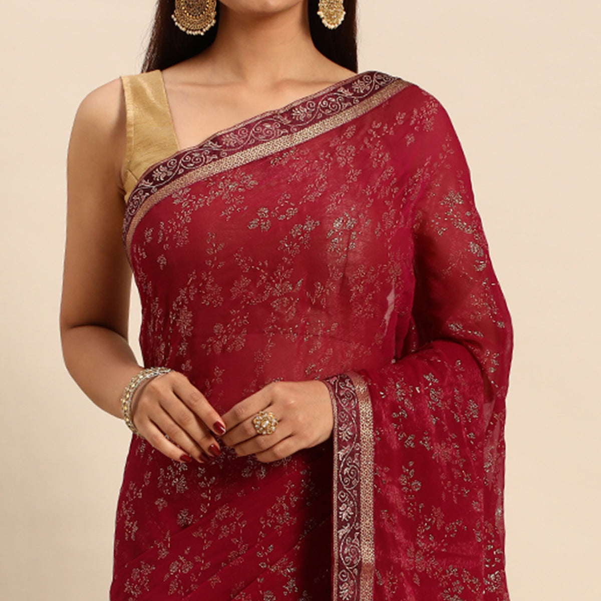 Maroon Floral Foil Printed Shimmer Saree