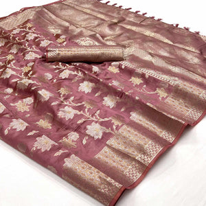 Mauve Floral Woven Organza Saree With Tassels