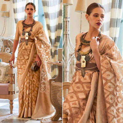 Chikoo Woven Art Silk Saree With Tassels