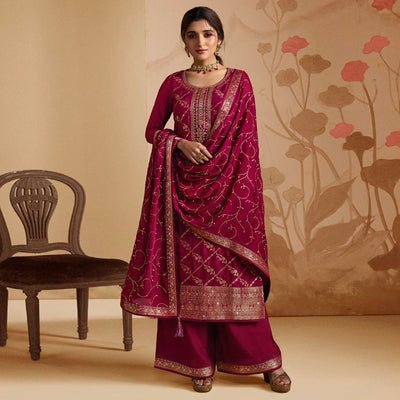 Magenta Pink Woven And Embroidered Dola Silk Palazzo Suit