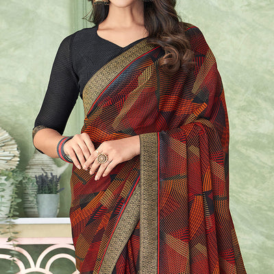 Multicolor Digital Printed Chiffon Saree With Lace Border