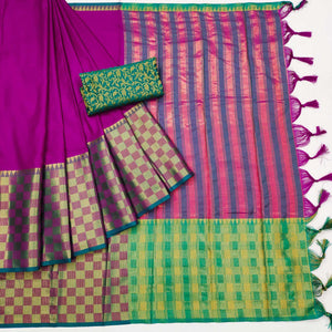 Magenta Pink Woven Cotton Silk Saree With Tassels