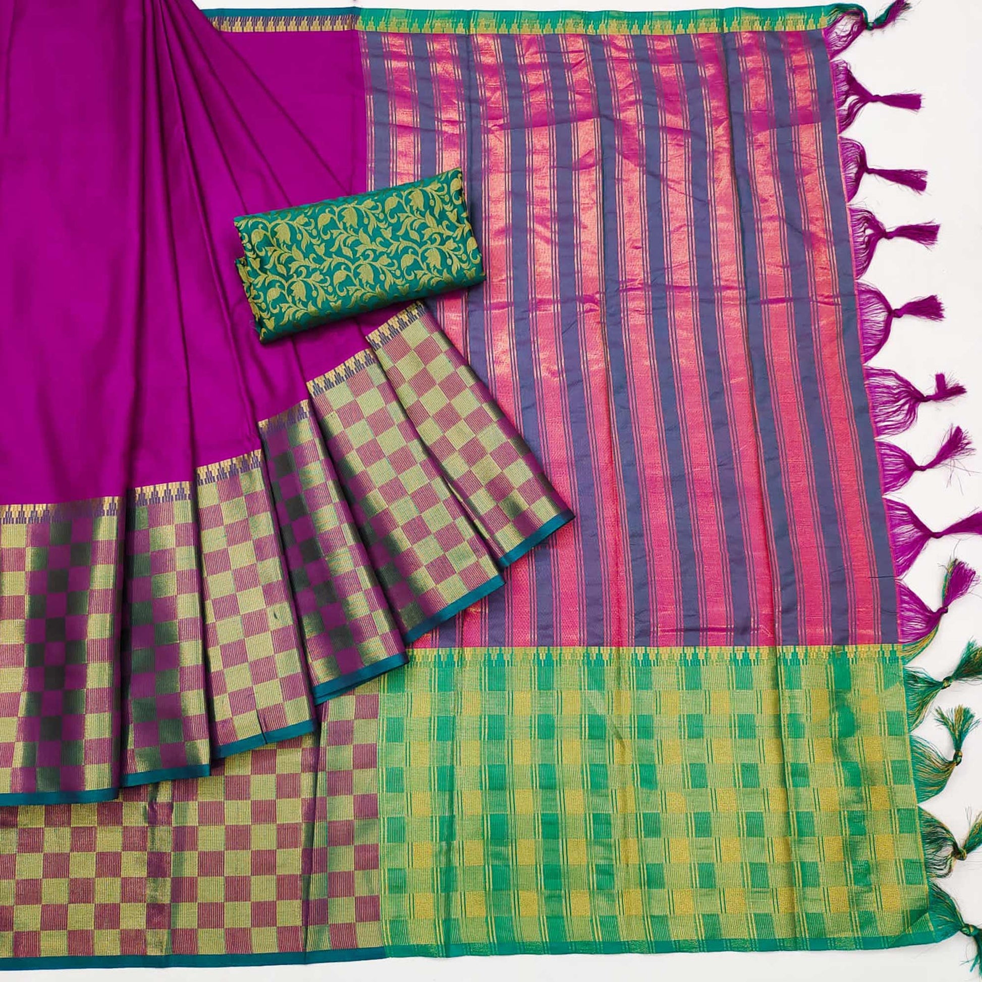 Magenta Pink Woven Cotton Silk Saree With Tassels