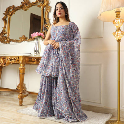 Grey Printed With Gota Work Georgette Sharara Suit