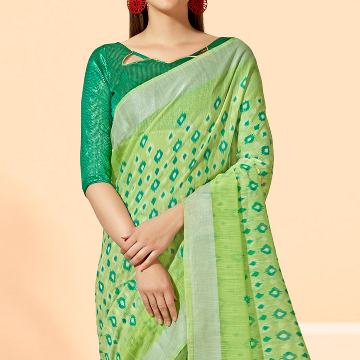 green-printed-cotton-silk-saree-with-tassels
