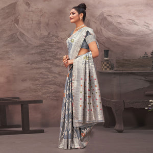 g-grey-floral-woven-cotton-silk-saree