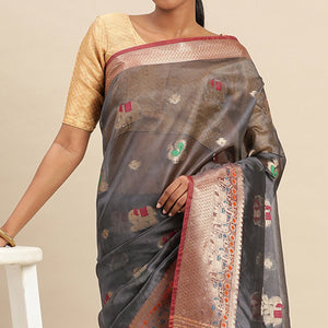 Grey Woven Organza Saree
