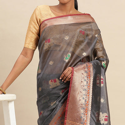 Grey Woven Organza Saree