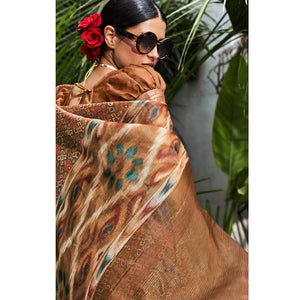 Brown Digital Printed Linen Saree