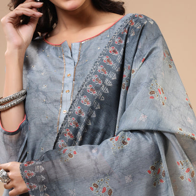 Grey Printed With Sequins Work Chanderi Salwar Suit