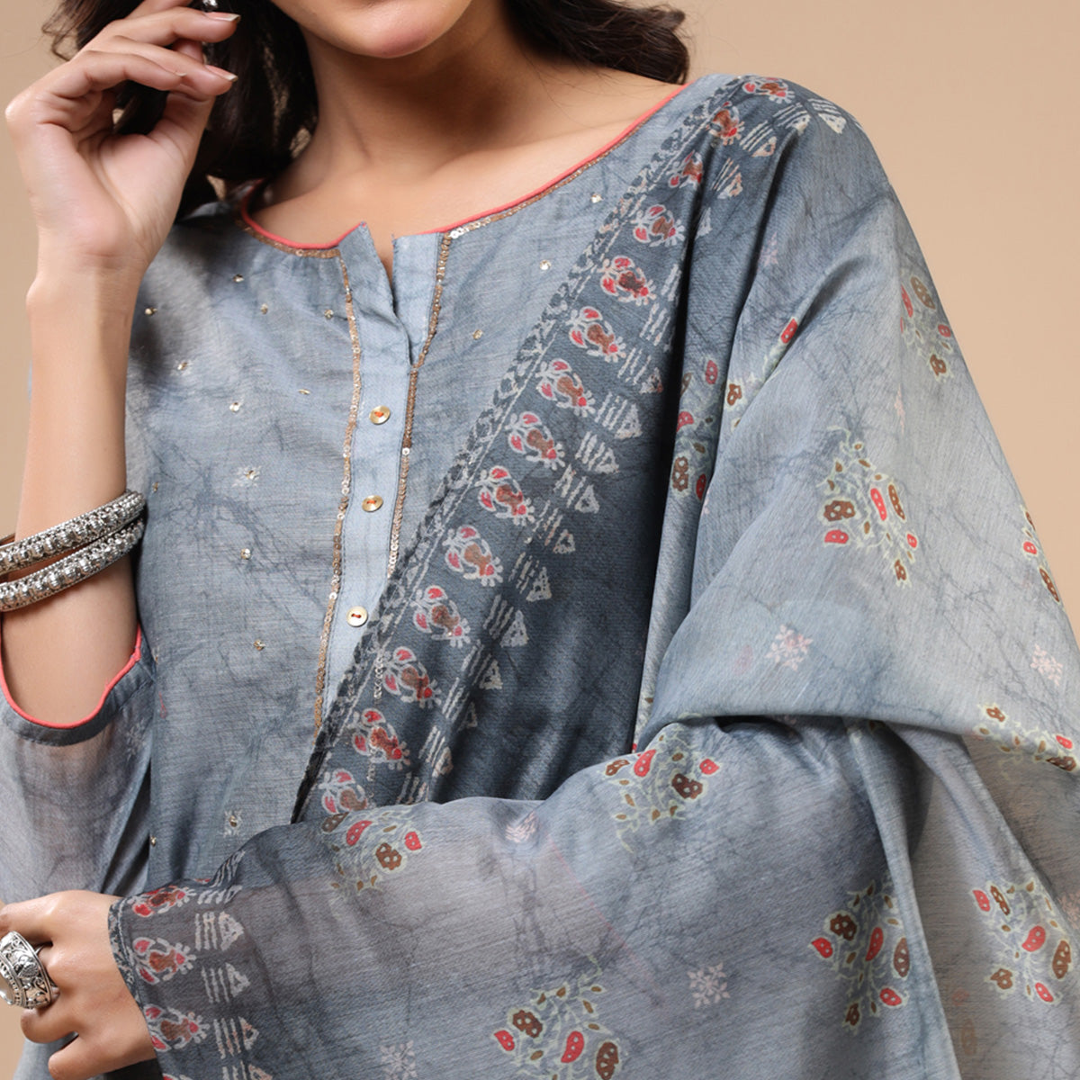 Grey Printed With Sequins Work Chanderi Salwar Suit