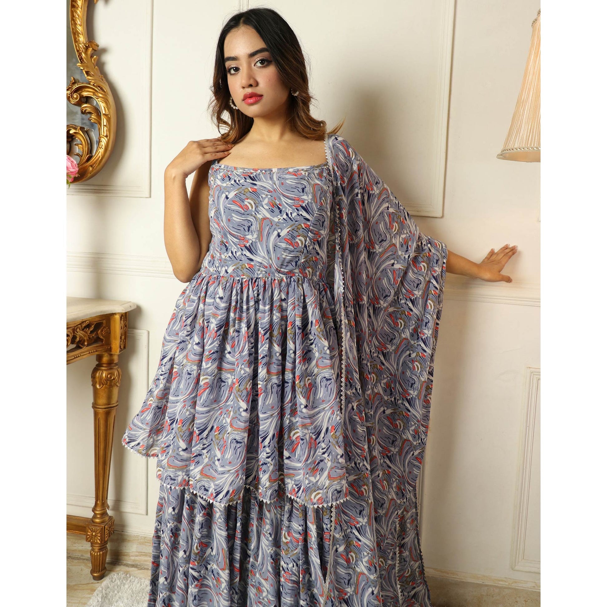 Grey Printed With Gota Work Georgette Sharara Suit