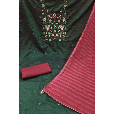 Bottle Green Floral Sequins Embroidered Cotton Blend Dress Material