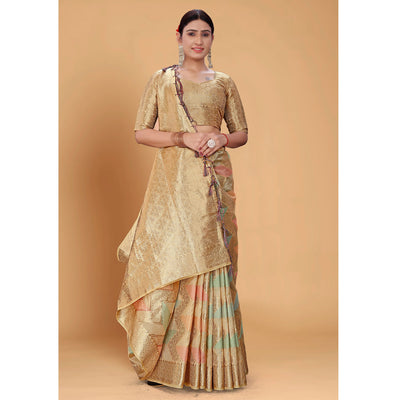 Chikoo Woven Organza Saree With Tassels