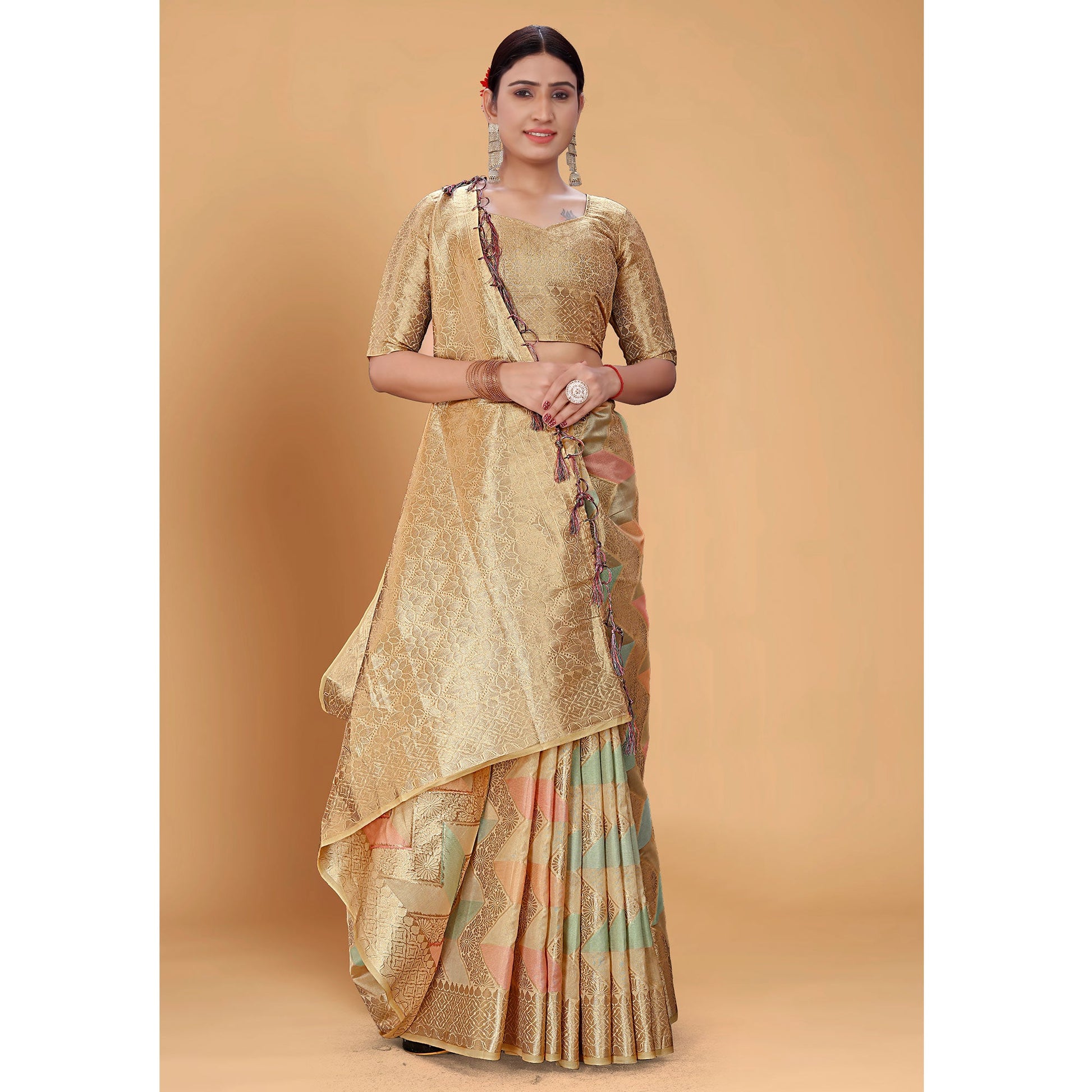 Chikoo Woven Organza Saree With Tassels