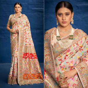 Cream Woven Art Silk Saree With Tassels