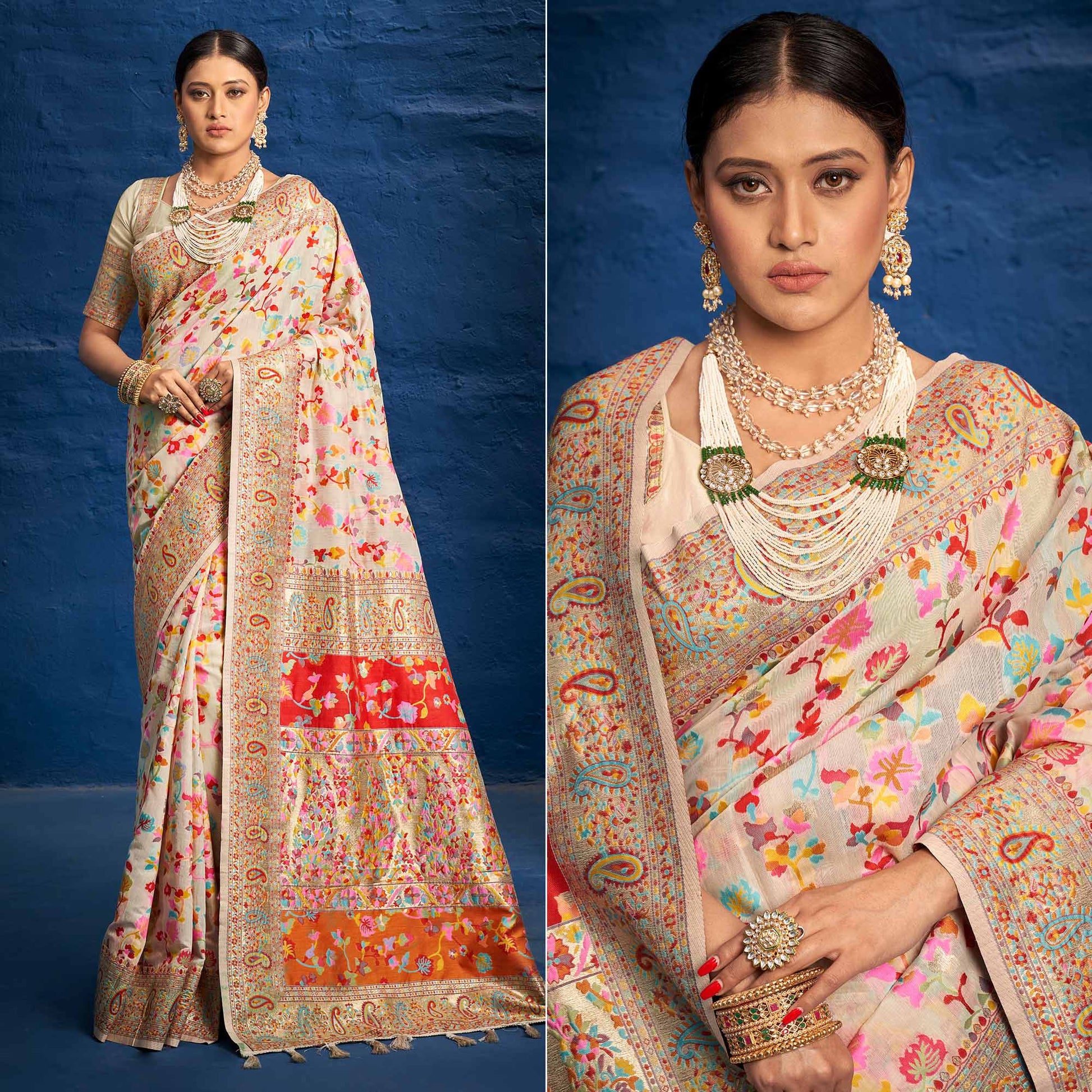 Cream Woven Art Silk Saree With Tassels