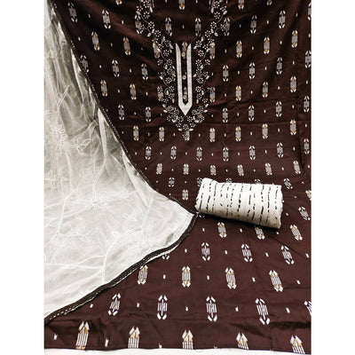 Brown Printed With Embroidered Rayon Dress Material